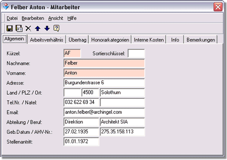 Mitarbeiterfenster - erste Registerkarte