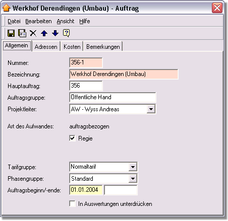 Auftragfenster - erste Registerkarte