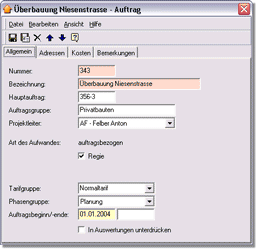 Erste Registerkarte bei einem Auftrag mit Phasengruppe 'Planung'