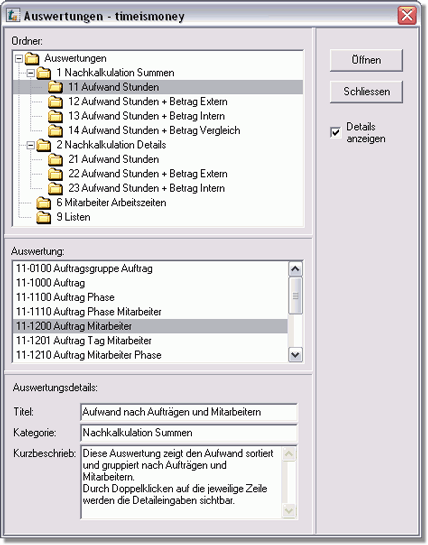 timeismoney Auswertungen - Auswahlfenster